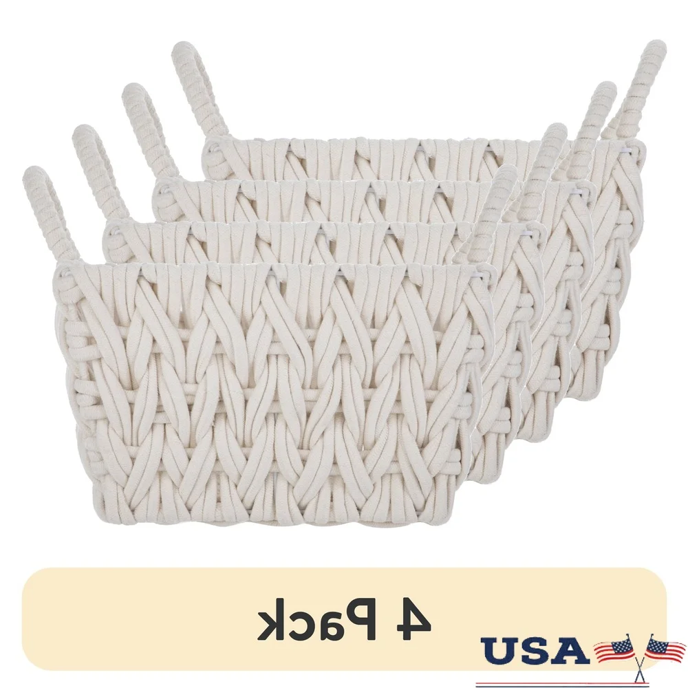 

4 Pack Medium White Woven Storage Baskets Handwoven Decorative Cotton Basketweave with Loop Handles Home Organization Solution