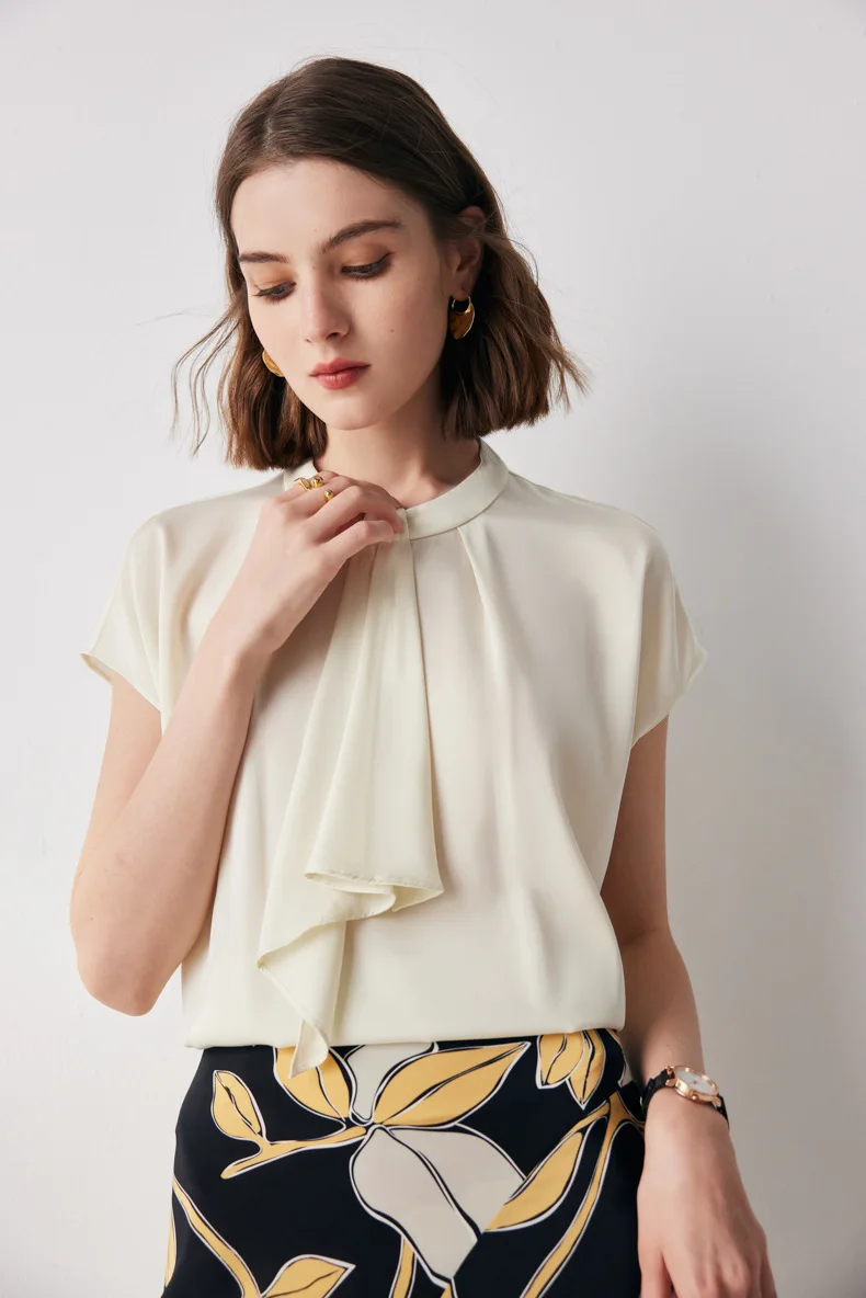 92% Natural Silk 10% Spandex Women's Blouse Stand Collar Short Sleeves Ruched Elegant Blouse Tops