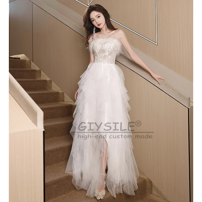 

GIYSILE Customized White Light Wedding Feather 2025 New Fashion Banquet Evening Dress Tube Top Sleeveless A-line Party Dresses