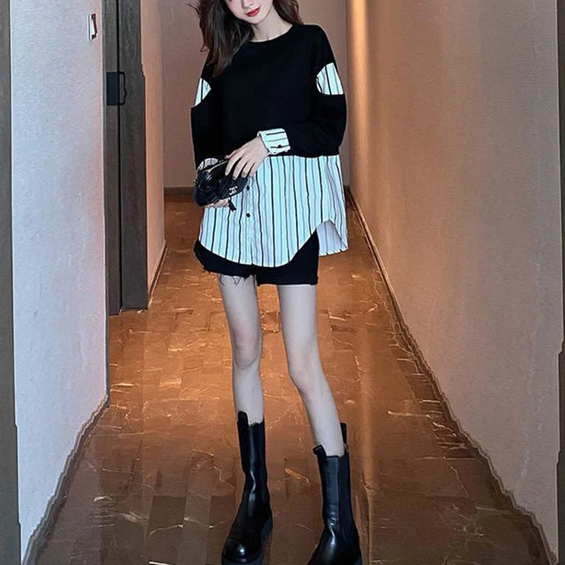 Spring Autumn Fake Two Piece Striped Patchwork Sweatshirt Women Korean Fashion Long Sleeve Loose Casual All-match Pullovers Top