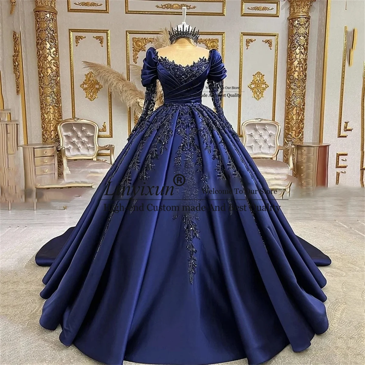 Biru laut Vestidos De Aurus OS Quinceanera gaun 2024 manik-manik payet Applique kristal berlian gaun Mexi untuk 15 tahun ulang tahun