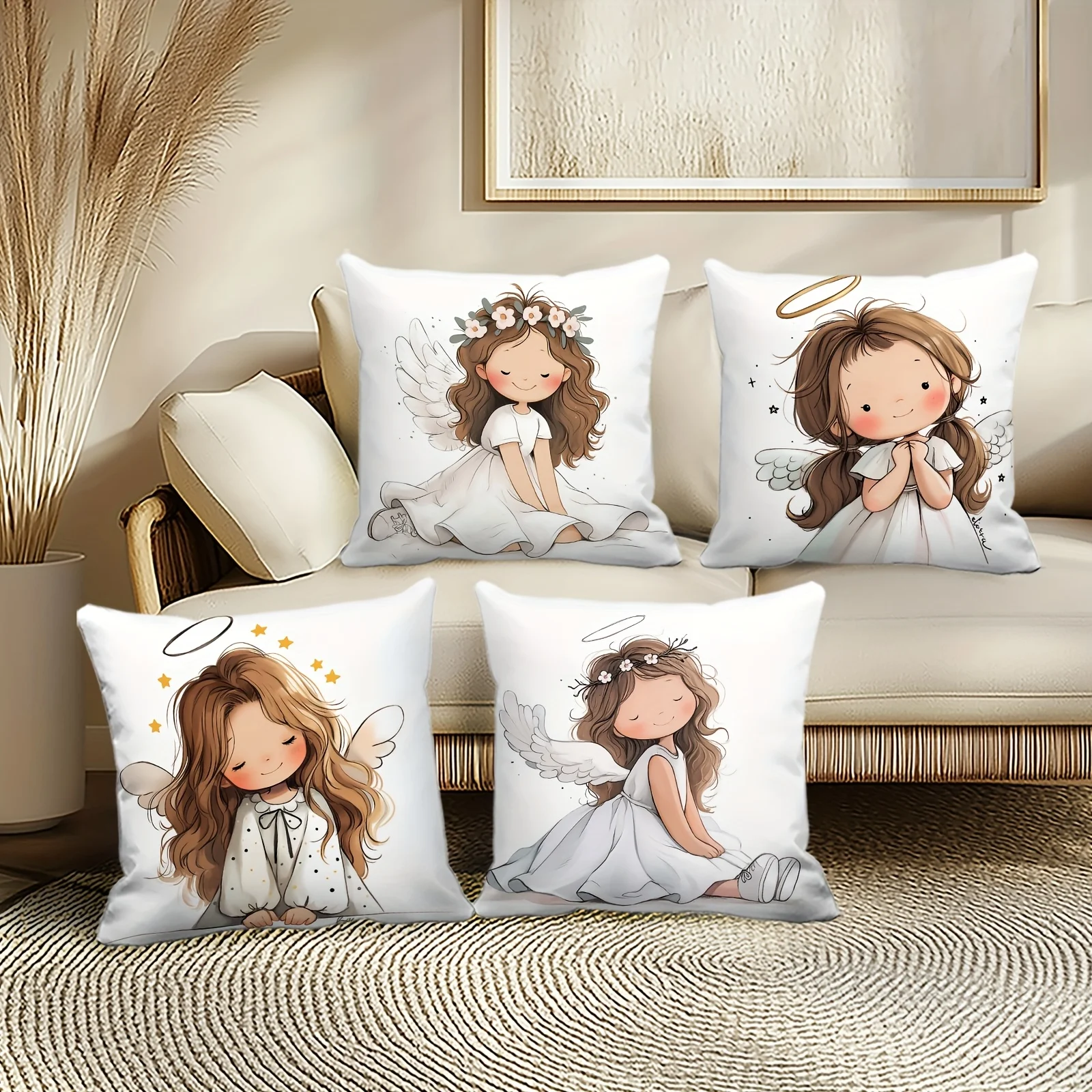 4pcs Cute Angel Girl Cushion Cover Cartoon Wings Printed Pillow Case Polyester Home Decor Sofa Living Room Bedroom 2D Flat