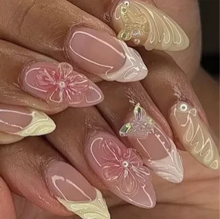 10Pcs Embossed 3D Flowers False Nails Leopard Print Acrylic Nails Almond Press on Nails sweet Cool Fake Nail Pearl French Nail