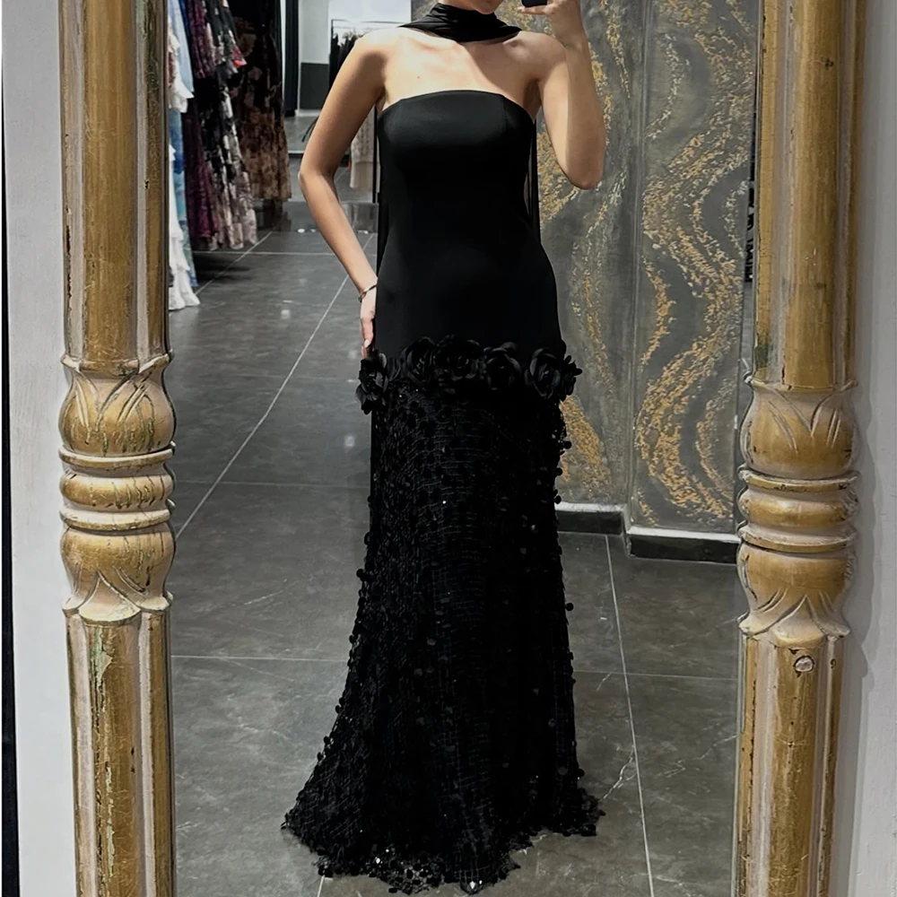 

Customized A-line Evening Dresses Floor-length Strapless Sleeveless Prom Gown Fashion Flowers Sequined Stole Draped Party Gown