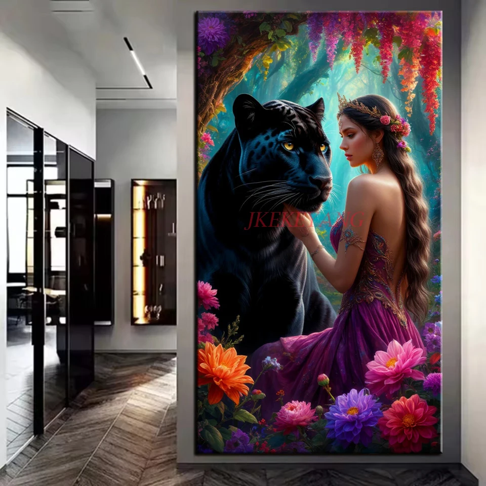 فتاة جميلة والنمر الأسود صورة DIY ألواح تلوين حرفية لامعة غرزة التدريبات الكاملة الماس الفسيفساء مجموعة جديدة ديكور المنزل