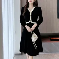 New Chinese Style Long Sleeve Women's Dress Cover Belly Midi Length V-Neck Polyester Fiber Gauzy Sleeve Knee-Length Dress
