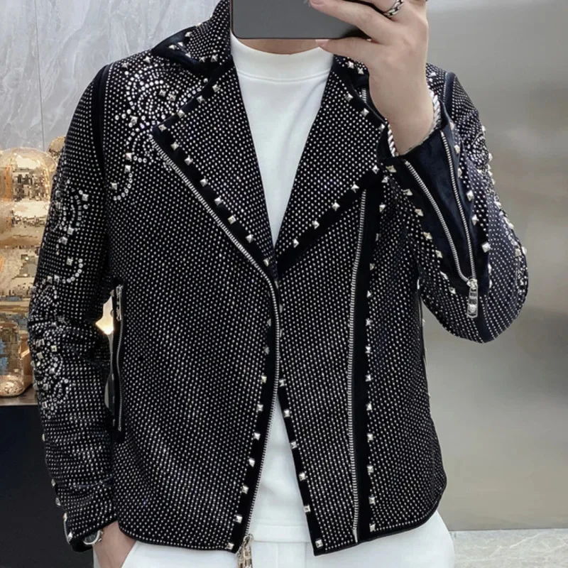 Locomotive Top Quality Luxury Rhinestones Jacket Men Coat Hot Drill Punk Club Outfit Jaqueta Bomber Diamond Black