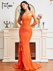 Missord Orange Sequin Long Evening Dresses Elegant Women Strapless Ruffles Split Bodycon Maxi Mermaid Party Dress Prom Gown