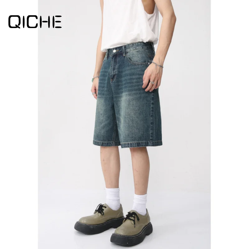 QICHE 2026 Men Vintage Washed Denim Shorts Straight Knee‑Length Bermuda Pants Retro Casual Mid Shorts For Summer