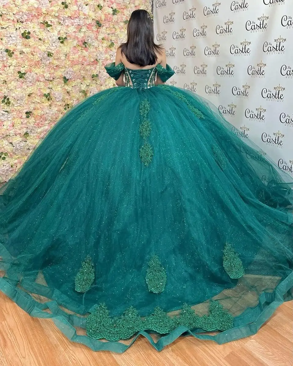 Gardlilla Sparkly Beaded Sweet 15 16 abiti Off spalla pizzo Quinceanera abiti Puffy Tulle Prom Ball Gown con treno