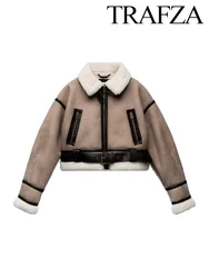 TRAF Women's Fur One Lapel Short Jacket Thickened Warm Reversible Long Sleeve Jacket Retro Fashion Pocket Women Jacket