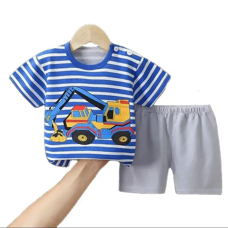 1-6 Years Cartoon Excavator Stripe Short Sleeve T-Shirt+Shorts 2-Piece Set Soft Cotton Summer Baby Boy Girl Pajama Clothes Suit