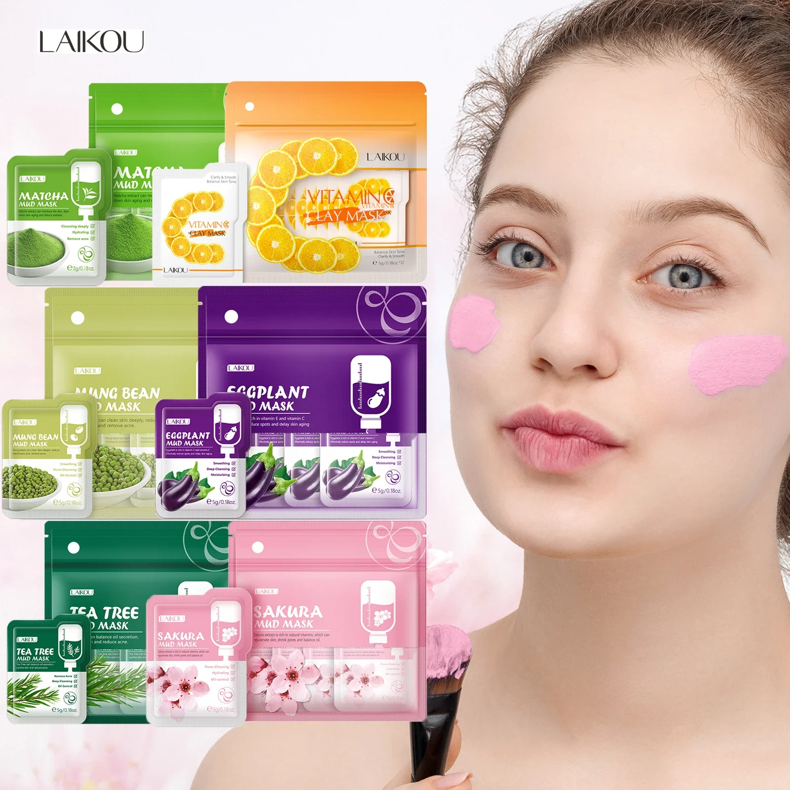 LAIKOU 12pcs Mud Mask Facial Clay Mask Moisturizing Sakura Matcha Eggplant Tea Tree Oil-Control Deep Cleansing Facial Skin Care