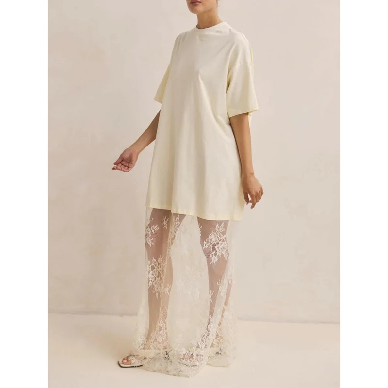 Combhasaki Womens Crew Neck Short Sleeve Summer Casual Loose Fit Y2k Sheer Floral Lace Patchwork Straight Maxi Long Shirt Dress