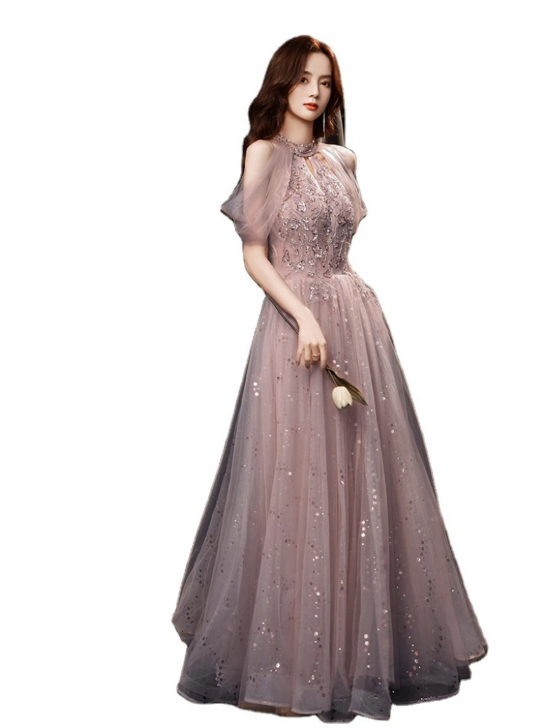 Robe de soirée élégante rose violet, Champagne, paillettes brillantes, col licou, épaules dénudées, ligne A, fermeture éclair appliquée, cérémonie de bal pour femme