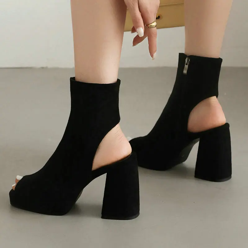 Plain Black Velour Velvet Peep Toe Punk Gothic Women Summer Boots Back Hallow Design Sexy Platform Heels Sandals Big Size 46 47