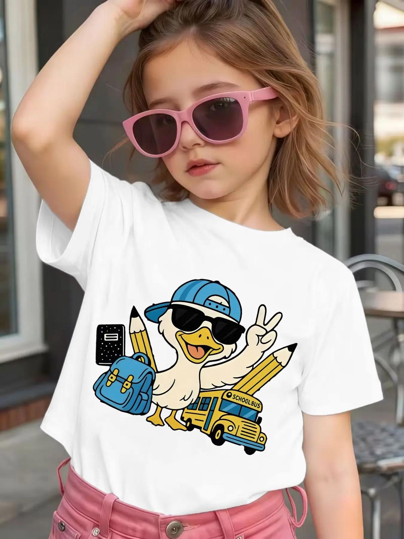 Cute Cool School Duck Cartoon Graphic Kids Tee Boys Girls Family Matching Cotton Crew Neck Short Sleeve Soft Summer Tee