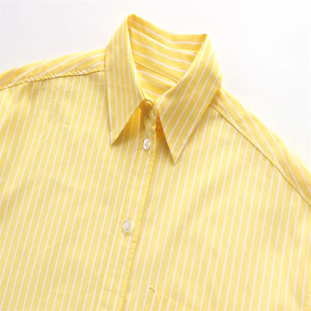 2024ZAR Summer New Product Women\'s casual loose collar long sleeved yellow striped single breasted shirt