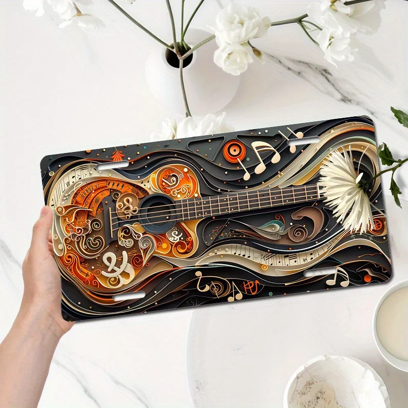 1pc Neoclassical Guitar License Plate Frame  Laser-Cut Wood & Aluminum Music Note & Symbol Design, Elegant & Golden Accent Car