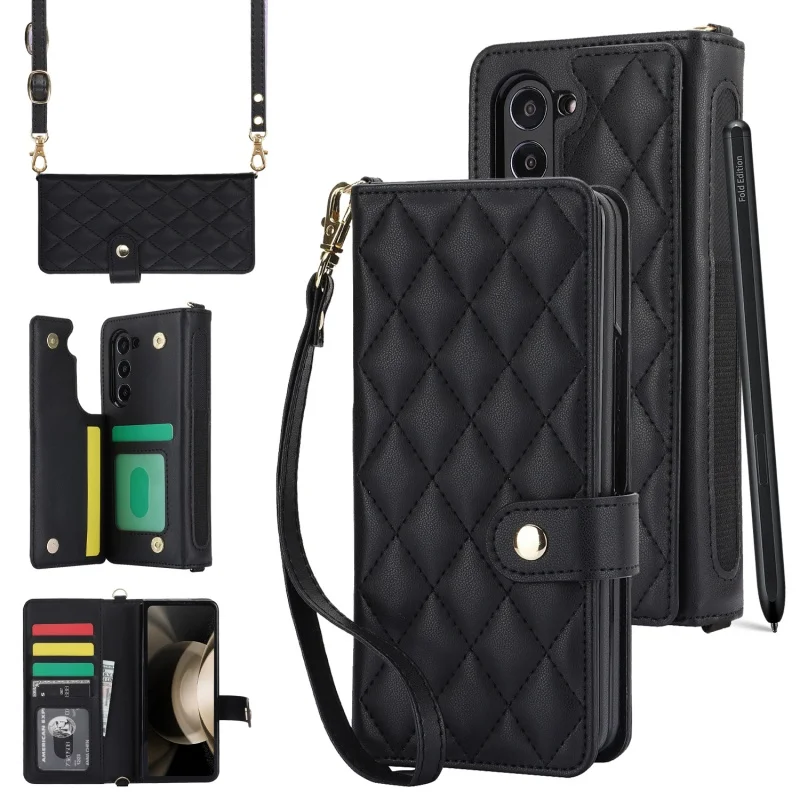 

For Samsung Galaxy Z Fold 5 6 7 Fold 4 Z Fold 3 Case Luxury Card Slot Phone Holder Leather Wallet Strap Cover Crossbody Cases