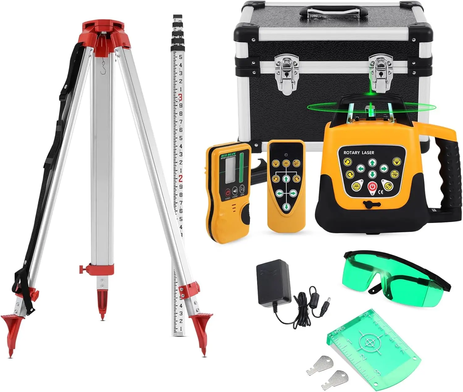 Self Leveling Rotary Laser Level System 500M Range Kit with Surveying Tripod + Aluminum Grade Rod 16.4Ft, Green Automatic