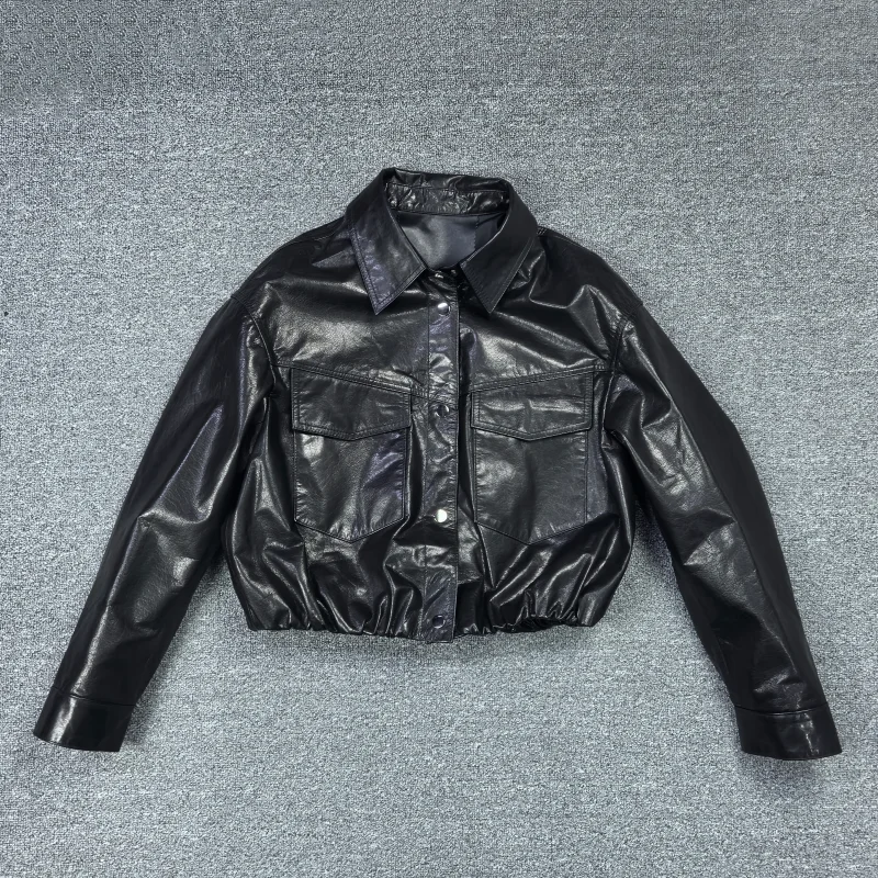 Giacca da motociclista da donna in vera pelle autunno 2025, cappotto casual alla moda a maniche lunghe in similpelle cerata effetto snellente