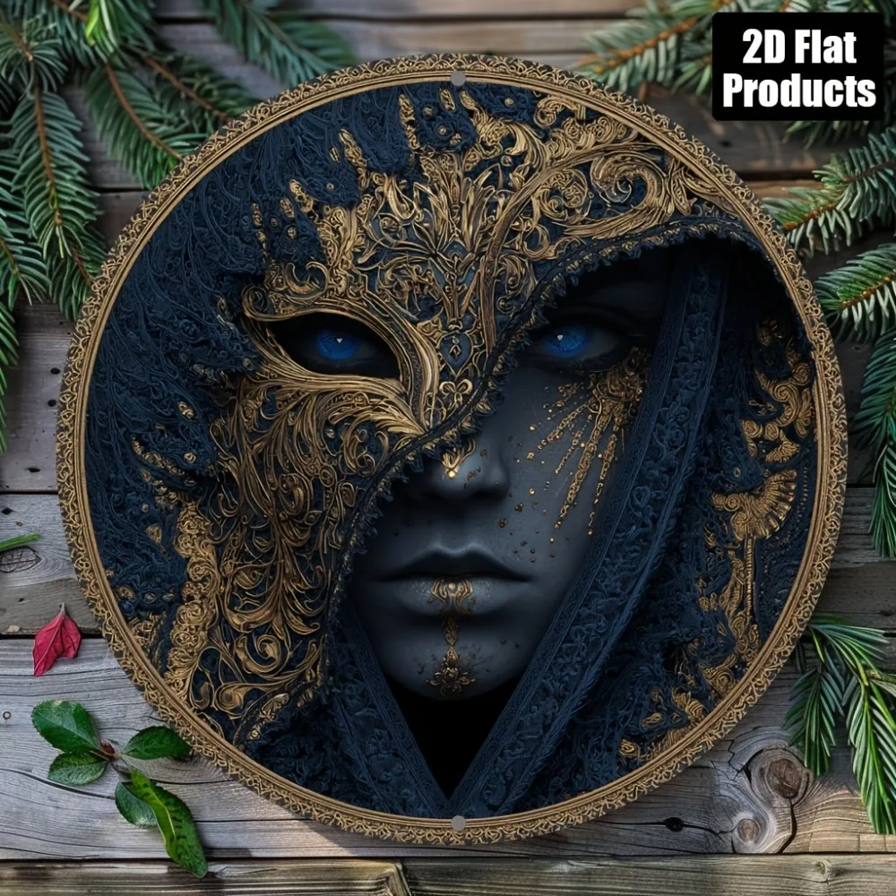 2D 1 Stück 8x8 Zoll Rundes Aluminium-Metallschild, Masken-Thema 2D Grafikdesign Heimdekoration Wandkunst für Bar, Café, Büro