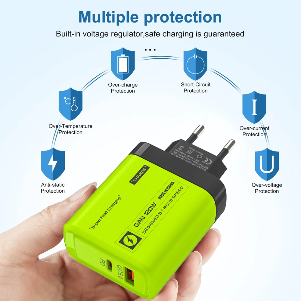 120W USB C 2Ports Charger Kit Green Wall Plug EU/US/UK Adapter Fast Charging Dual USB Type C Data CablesFor iPhone iPad - náhled 2