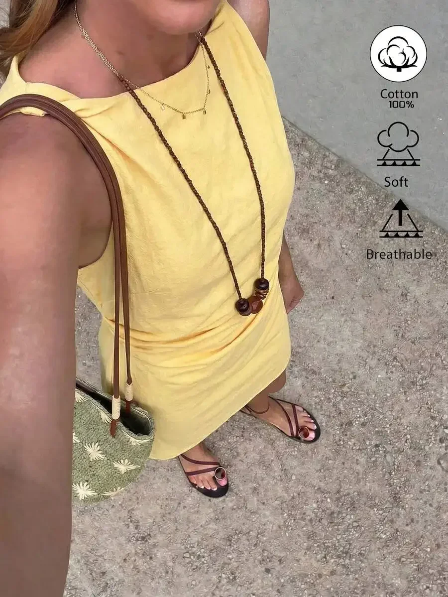 

Yellow Sleeveless Cotton Linen Short Dress With Shoulder Twist Detail Casual Daily Vacation Spring Summer Women Dress