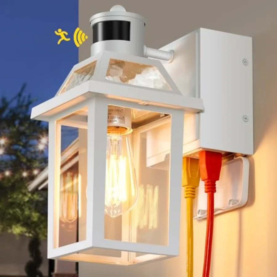 

Porch Lights with GFCI Outlet, Dusk to Dawn Motion Sensor Outdoor, 3 Lighting Modes Exterior Light Fixture, Outside for House F
