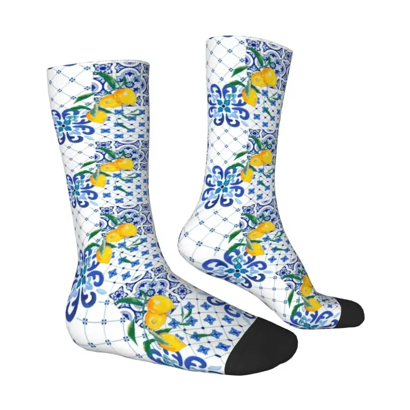 Custom Mediterranean Style Art Sicilian Tiles Lemons Citrus Mens Crew Socks Unisex Cute Spring Summer Autumn Winter Dress Socks