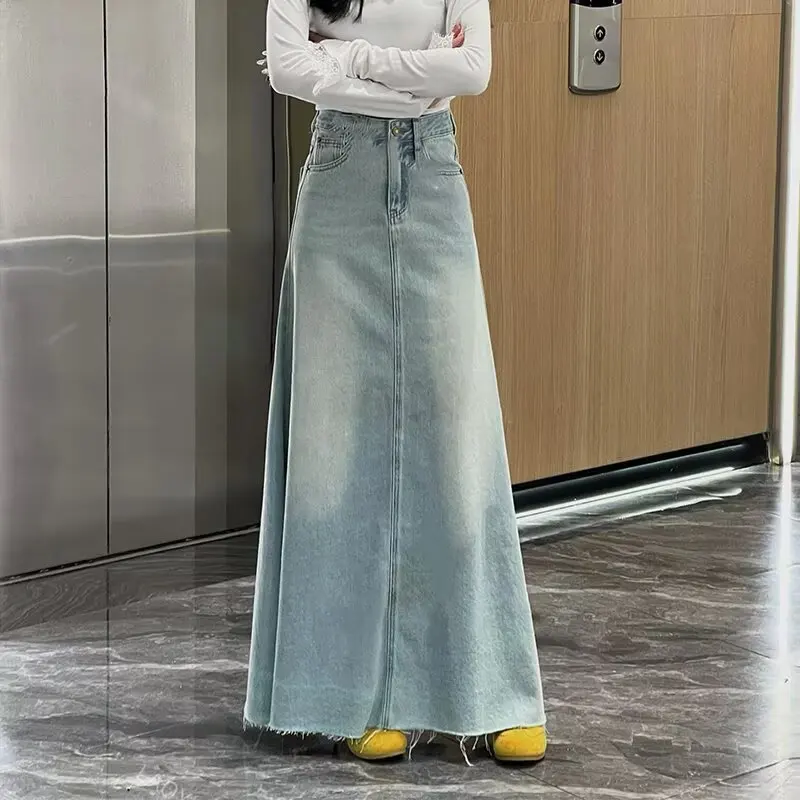 Spring New Korean Style Versatile High- Washed Denim Skirt, Vintage Slimming Flared Skirt With A High-End Feel For