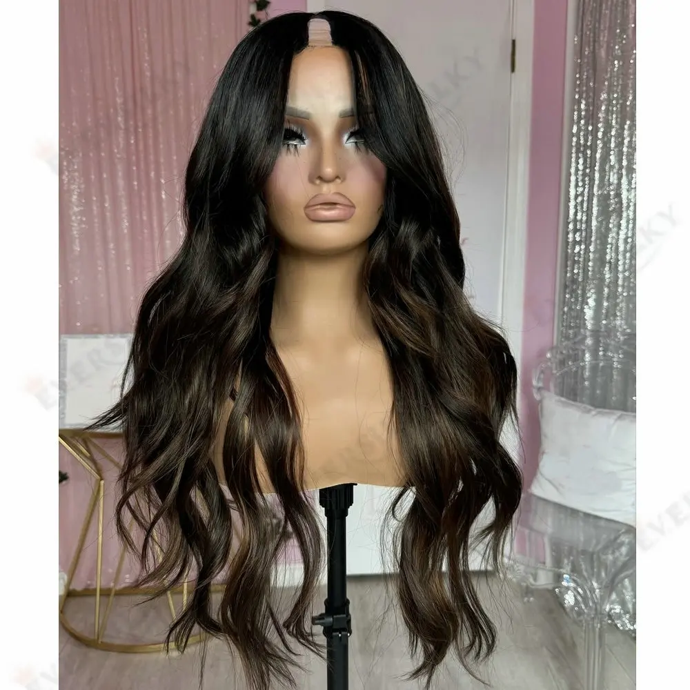 

1x4 Size U Part Wig Remy Human Hair for Women Natural Wave Ash Brown Hightlight Full Machine Made Glueless Clip-in V Part Wigs
