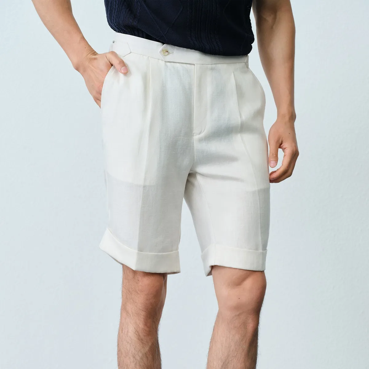 Italian Naples Cool Breathable Linen Shorts Men's Casual Retro Off-White Suit Shorts Vacation Style