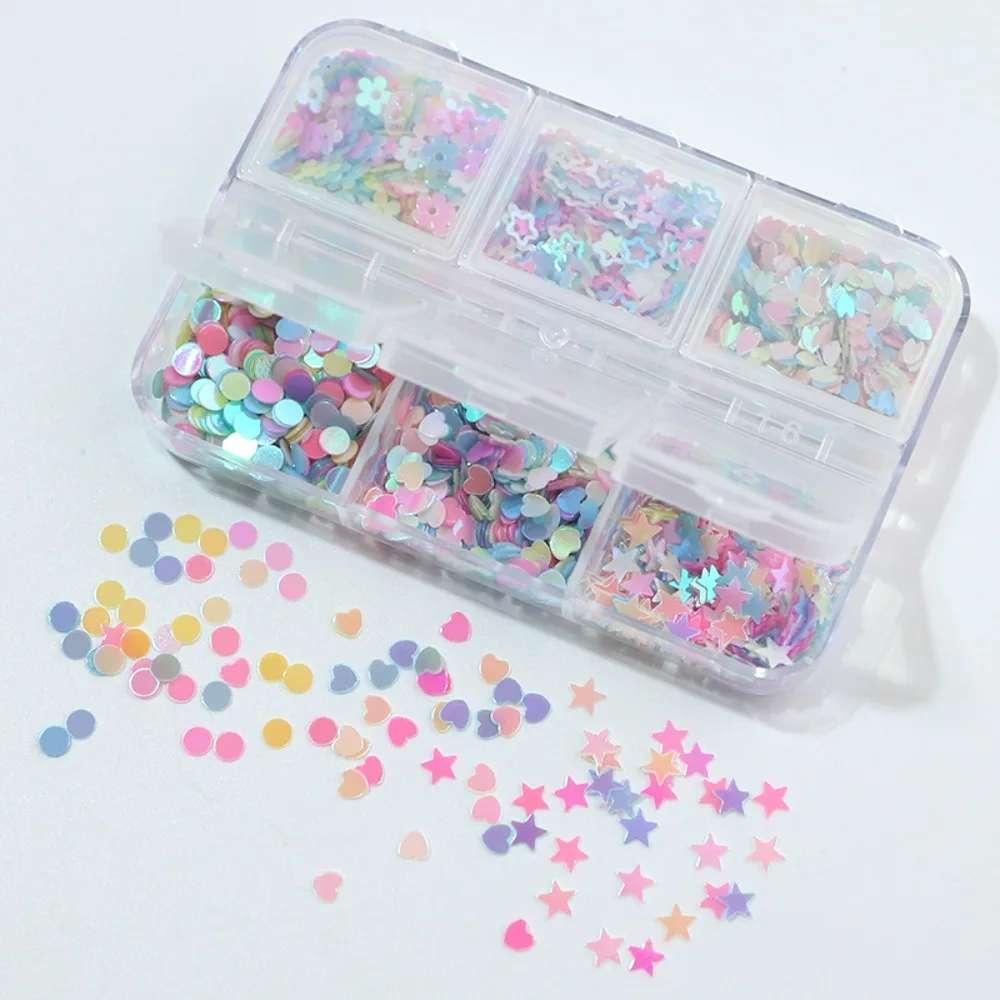 6 grades/conjunto prego glitter lantejoulas flor brilhante borboleta coração prego glitter decalques para meninas diy manicure decoração da arte do prego