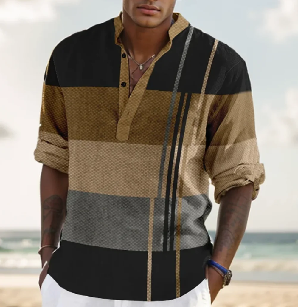 New Men\'s Shirt Street-Striped Stand Collar Matching Color Pullover Long-Sleeved Spring And Autumn Tops