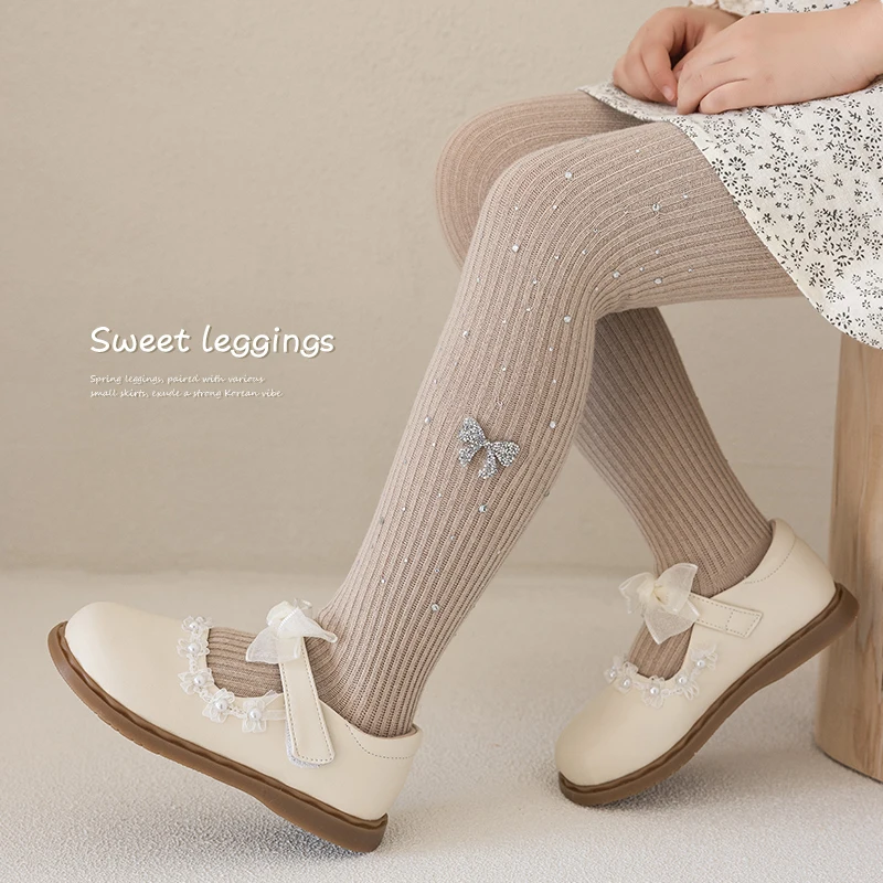 KID Girls Kawaii Rhinestone Bow Footed Tights Sweet Fashion Style Soft Stretchy Breathable Ideal for Daily Outfit Children Pants view 4