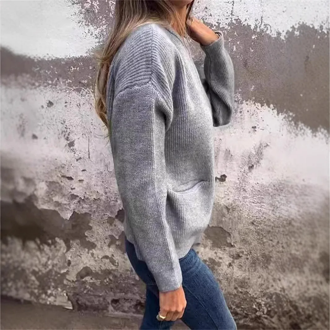 Knit Gray Women Cardigan Loose Long Sleeve Zipper Female Sweater 2025 Casual Autumn Winter O Neck Straight Female Pocket Jacket