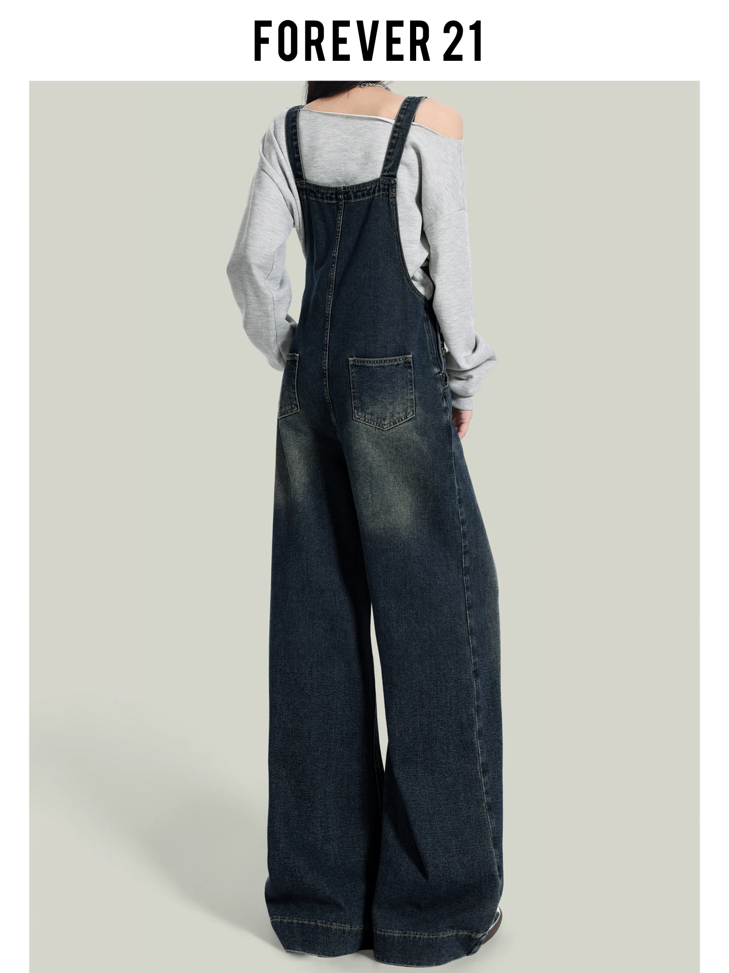 

Женский джинсовый комбинезон Forever 2 винтажного синего цвета с высокой талией, свободный крой, широкие штанины, осенний повседневный комбинезон с высокой талией