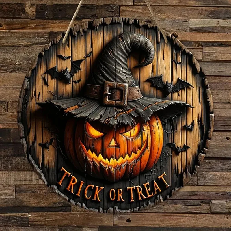 Creative Halloween Wooden Door Sign Hanging Decoration Vintage Witch Pumpkin Head Round Wreath Sign Decor Home Pendant Gifts