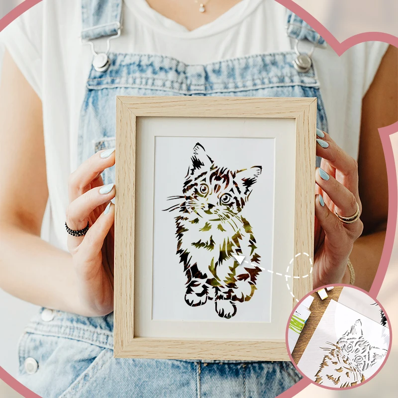 Yomdid 1pc adorável gato desenho oco estêncil reutilizável diy padrão animal graffiti aerógrafo artesanal decorativo modelo de artesanato