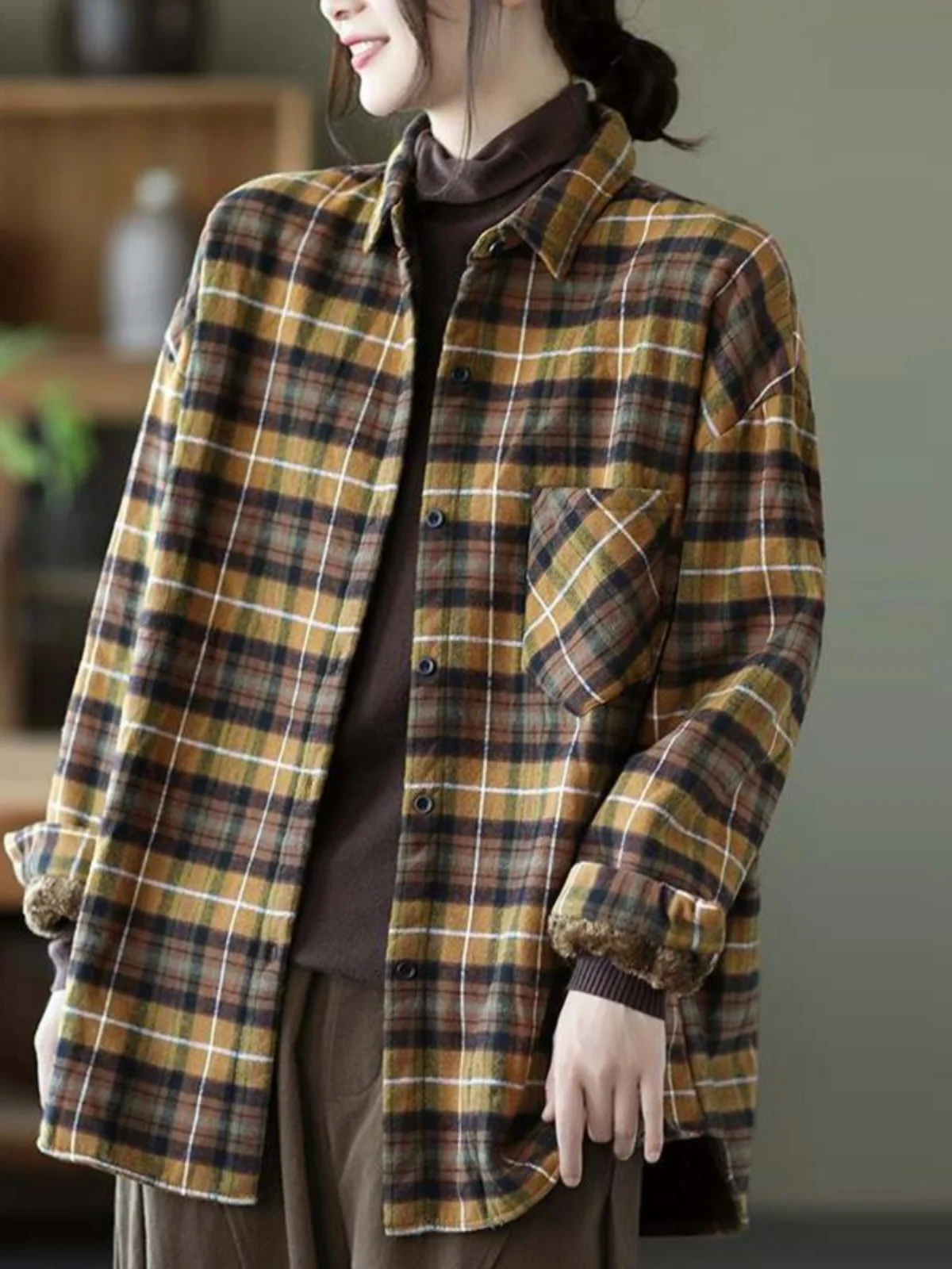 

Женское фланелевое пальто в клетку осень-зима Thiened из хлопка и льна Jaet, свободный крой в Корейском стиле с ket Long Sve