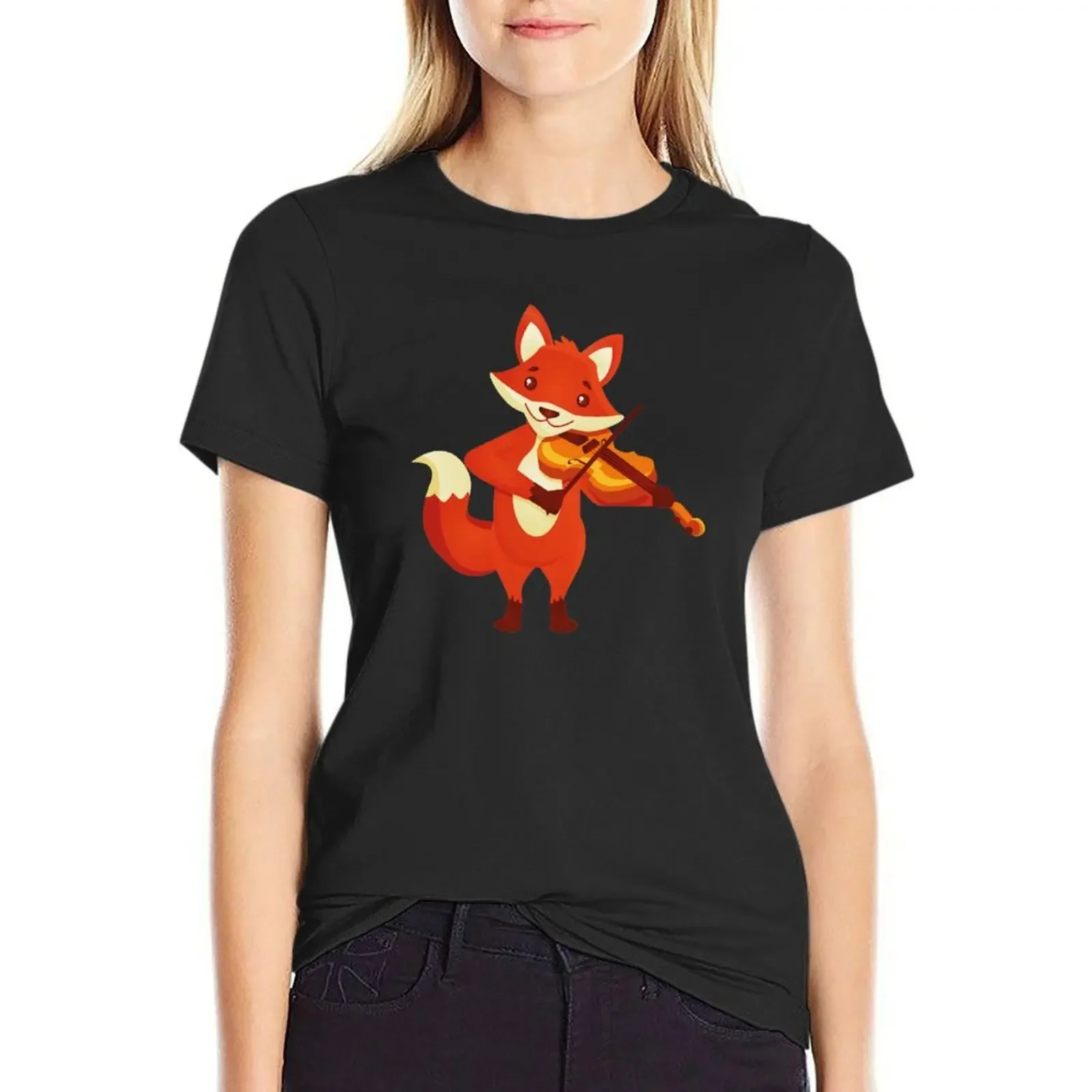 

Funny fox playing music with violin T-Shirt funny summer tops hippie clothes t-shirt dress for Women graphic