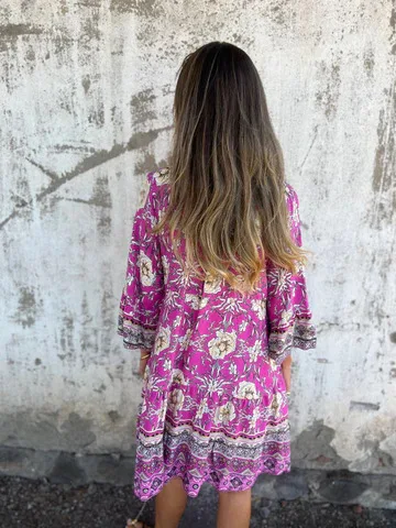 Casual Printed Spliced ​​V-neck Ruffled Half-sleeved Dress Women 2025 Summer Loose Boho Button Dress For Women