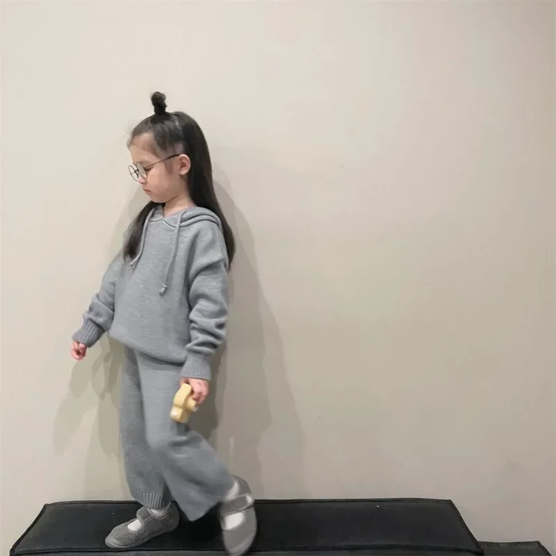 Korean Children\'s Sets Autumn Winter Girls Casual Sweater Set Hooded Knitted Coat and Pants Kids Two Piece Set Clothes