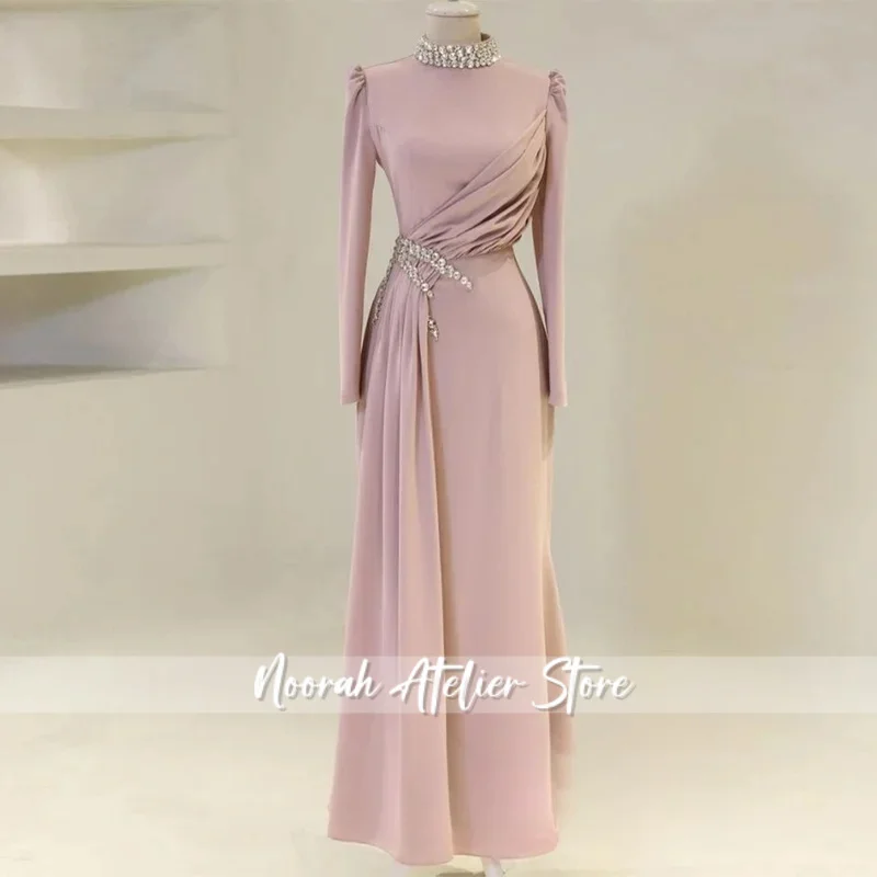 Arabische Prom Dress Aangepaste Lange Mouwen Hoge Hals Kristal Kralen Zeemeermin Avondjurken Arabische Party Gown Robe De Soiree