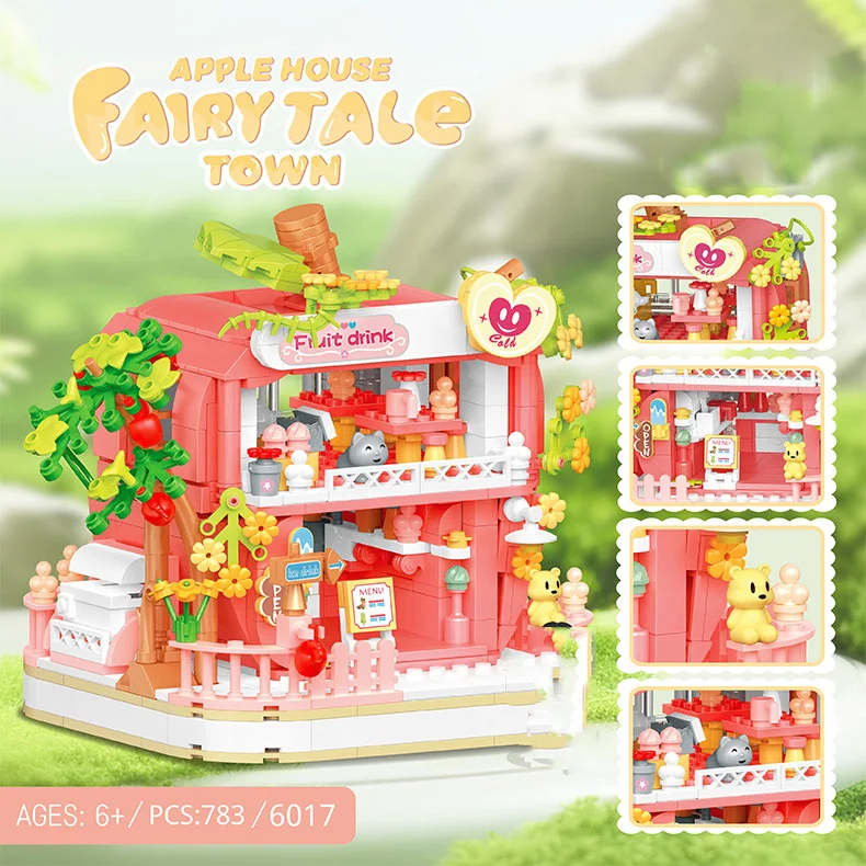 Creative Street View Town Mini Block Apple Drink House Dragon Fruit Shop Orange Coconut Food Store Block Brick Toy With Light