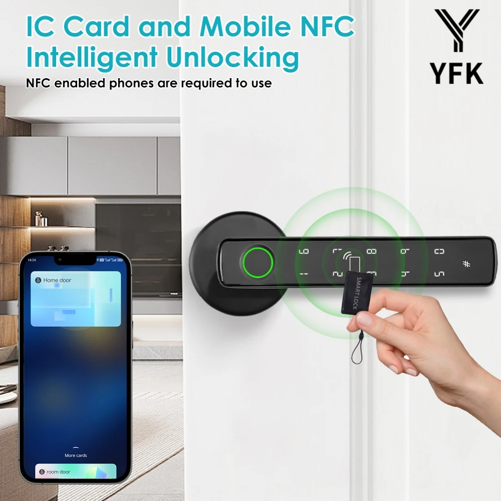 YFK Tuya 5-in-1 Smart Door Handle Lock Bluetooth Fingerprint Keyless Entry Lock Fake PIN NFC IC Card Temporary Password APP Remote Unlock Interior Smart Life Lock for Home Apartment Office Wooden Door view 2