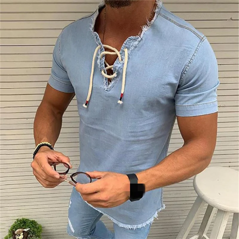 

Men's Simple Thin Section Denim Shirt V Neck Tie Tassel Stretch Blouse Male 2023 New Summer Daily Youth Casual Short Sleeve Tops