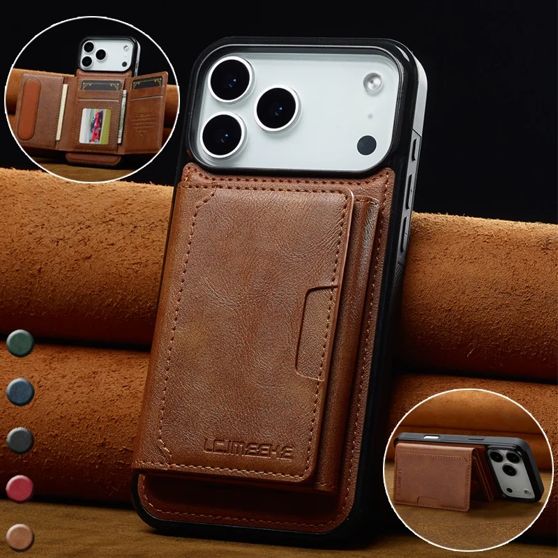 

Plain Leather For Magsafe Wallet Phone Case For iPhone 17E 17 Air 16E 16 Pro Max 15 Plus 14 13 12 11 Cards Cover Funda Coque Bag
